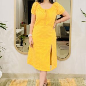 YELLOW SCHIFFLI EMBROIDERED SLIT DRESS