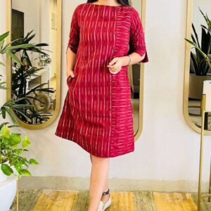 WINE IKAT FORMAL SHIFT DRESS WITH POCKETS